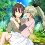  2girls anchovy_(girls_und_panzer) black_ribbon black_shirt blue_sky blush brown_eyes brown_hair carrying carrying_person chikomayo closed_eyes closed_mouth commentary_request drill_hair eyes_visible_through_hair forest girls_und_panzer grey_shirt hair_between_eyes hair_ribbon head_tilt high_ponytail layered_sleeves long_sleeves looking_at_another multiple_girls nature nishizumi_maho one-hour_drawing_challenge open_mouth partially_unbuttoned pink_shirt ponytail ribbon shirt short_hair short_over_long_sleeves short_sleeves skirt sky smile twitter_username undershirt white_skirt yuri 