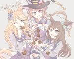  3girls animal_ears black_hat blonde_hair blue_eyes blue_ribbon bow brown_hair candy chocolate closed_mouth commentary_request food gold_city_(umamusume) hair_ribbon hat heart heart-shaped_chocolate heart-shaped_food horse_ears horse_girl horse_tail inutose long_hair mejiro_dober_(umamusume) multiple_girls one_eye_closed open_mouth purple_eyes purple_sailor_collar purple_shirt purple_skirt ribbon sailor_collar school_uniform shirt skirt sweep_tosho_(umamusume) tail tracen_school_uniform umamusume white_bow witch_hat 