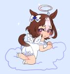  1girl absurdres ahoge angel_wings animal_ears ass ass_focus bloomers blue_background blush breasts brown_hair brown_tail commentary dungeonbgm english_commentary hair_ribbon halo highres horse_ears horse_girl looking_at_viewer looking_back medium_breasts medium_hair meisho_doto_(umamusume) purple_eyes ribbon shirt shoes solo sparkle tail_raised umamusume white_bloomers white_ribbon white_shirt white_shoes white_wings wings 