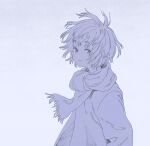  1girl blue_theme closed_mouth commentary_request eyebrows_visible_through_hair floating_hair highres looking_at_viewer monochrome muji_(uimss) original scarf short_hair smile solo sweater upper_body 