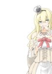  1girl akara_kai blonde_hair blue_eyes braid breasts cowboy_shot crown dress embarrassed flower hair_between_eyes hairband half_up_braid highres jewelry kantai_collection long_hair long_sleeves mini_crown necklace off-shoulder_dress off_shoulder ribbon warspite_(kancolle) white_background white_dress 