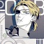  1boy alternate_costume alternate_hairstyle artist_logo badeni black_necktie black_shirt blonde_hair chi.:_chikyuu_no_undou_ni_tsuite closed_mouth collared_shirt contemporary eyepatch iorbtyn logo male_focus necktie ponytail scar scar_on_face scar_on_mouth scar_on_nose shirt short_ponytail solo 