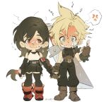  1boy 1girl 4k1030 absurdres anger_vein angry bandaid bandaid_on_cheek bandaid_on_face bandaid_on_nose bare_shoulders belt belt_buckle black_gloves black_hair black_pants black_skirt black_sweater black_thighhighs blonde_hair blue_eyes blush boots brown_gloves buckle buster_sword closed_mouth cloud_strife couple crop_top earrings elbow_gloves final_fantasy final_fantasy_vii final_fantasy_vii_remake fingerless_gloves flying_sweatdrops full_body gloves hetero highres holding_hands jewelry long_hair looking_at_viewer low-tied_long_hair messy_hair middle_finger miniskirt multiple_belts pants red_boots red_eyes short_hair skirt sleeveless sleeveless_turtleneck spiked_hair spoken_anger_vein standing straight-on sweatdrop sweater sword sword_on_back tank_top thighhighs tifa_lockhart turtleneck turtleneck_sweater twitter_username weapon weapon_on_back white_background white_tank_top zettai_ryouiki 