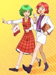  2girls ascot bag bubble_tea food green_hair highres horikawa_raiko ice_cream kazami_yuuka multiple_girls necktie open_mouth paper_bag pencil_skirt plaid plaid_shirt plaid_skirt plaid_vest pointing purple_necktie red_eyes red_hair shirt short_hair sibata_maru skirt skirt_set smile suit_jacket touhou vest 