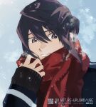  1boy alternate_costume black_eyes black_hair black_jacket commentary_request contemporary dress goya_(xalbino) hair_between_eyes hair_bun jacket layered_sleeves long_hair long_sleeves looking_to_the_side male_focus open_mouth portrait red_scarf scarf sleeveless sleeveless_dress smile snowflakes snowing solo steam tales_of_(series) tales_of_vesperia yuri_lowell 