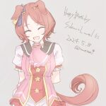  1girl animal_ears arms_behind_back blue_ribbon blush closed_eyes commentary_request ear_ribbon horse_ears horse_girl horse_tail inutose looking_at_viewer open_mouth orange_hair pink_shirt ribbon sakura_laurel_(saisir_le_reve)_(umamusume) sakura_laurel_(umamusume) shirt short_hair short_sleeves solo tail umamusume white_sleeves 