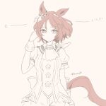  1girl animal_ears ascot blue_ribbon commentary_request ear_ribbon gloves horse_ears horse_girl horse_tail inutose looking_at_viewer looking_to_the_side pink_eyes red_hair ribbon sakura_laurel_(saisir_le_reve)_(umamusume) sakura_laurel_(umamusume) shirt short_hair short_sleeves solo tail umamusume 