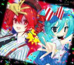  2girls @_@ aqua_hair arm_up artist_name black_border black_eyes black_necktie blue_shirt border bow character_name collared_shirt commentary confetti crazy dated diagonal-striped_bow drill_hair gloom_(expression) gloves hair_between_eyes hair_bow hat hatsune_miku kasane_teto long_hair mesmerizer_(vocaloid) multiple_girls necktie open_mouth puffy_short_sleeves puffy_sleeves red_bow red_eyes red_hair roozaku shaded_face sharp_teeth shirt short_hair short_sleeves smile song_name striped_bow striped_clothes striped_shirt suspenders teeth tilted_border tongue tongue_out twin_drills twintails two-tone_bow utau v-shaped_eyebrows vertical-striped_clothes vertical-striped_shirt visor_cap vocaloid white_bow white_wrist_cuffs wrist_cuffs yellow_gloves 