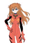  absurdres blue_eyes blush bodysuit breasts clipse closed_mouth dot_nose hairpods hand_on_own_hip highres interface_headset_(evangelion) light_frown long_hair looking_at_viewer mecha_pilot_suit medium_breasts neon_genesis_evangelion orange_hair plugsuit_(evangelion) simple_background souryuu_asuka_langley white_background 