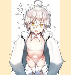  1girl :d actinium89 ahoge bikini cameltoe colored_eyelashes commentary_request flat_chest from_above hair_between_eyes harpy highres looking_at_viewer maid maid_headdress micro_bikini monster_girl navel notice_lines original ribs see-through_bikini see-through_clothes short_hair shrug_(clothing) skinny smile solo swimsuit white_bikini white_hair winged_arms wings yellow_eyes 