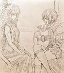  2girls commentary_request from_side guitar hair_ornament hairpin heaven_burns_red holding holding_guitar holding_instrument instrument kayamori_hinata kayamori_ruka long_hair looking_at_another midoriyamamuras mother_and_daughter multiple_girls short_hair traditional_media 