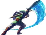  1boy absurdres arm_up armor belt blonde_hair blue_eyes blue_gem boots brown_boots brown_gloves chainmail closed_mouth fighting_stance fingerless_gloves from_behind full_body gem gloves goddess_sword green_hat green_tunic grey_pants hat heel_up highres holding holding_shield holding_sword holding_weapon knee_boots layered_sleeves leaning_forward legs_apart link long_sleeves looking_at_viewer looking_back male_focus official_art outstretched_arm pants pouch profile sheath shield short_hair short_over_long_sleeves short_sleeves sidelocks smear_frame solo standing sword takumi_wada the_legend_of_zelda the_legend_of_zelda:_skyward_sword third-party_source tunic undershirt vambraces weapon 