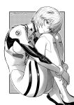  1girl artist_name ayanami_rei border breasts closed_mouth commentary eyelashes grey_background greyscale headgear highres looking_at_viewer mecha_pilot_suit monochrome neon_genesis_evangelion outside_border seveninks short_hair sitting skin_tight solo white_border 