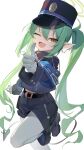  1girl ;d absurdres akirayang23 armband artistic_error belt black_belt black_boots black_hat black_jacket black_shorts blue_archive blue_armband boots commentary cowboy_shot demon_girl demon_tail dutch_angle earrings foot_out_of_frame gloves green_hair green_halo hair_between_eyes halo happy hat highres jacket jewelry long_hair long_sleeves looking_at_viewer midriff_peek nozomi_(blue_archive) one_eye_closed open_mouth outstretched_arm pantyhose peaked_cap pointing pointing_at_viewer pointy_ears shorts sidelocks simple_background smile solo standing standing_on_one_leg tail twintails untranslatable_commentary very_long_hair white_background white_gloves white_pantyhose yellow_eyes 