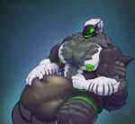 anthro big_bulge big_muscles boxer_briefs boxer_briefs_only bulge bulge_grab chest_tuft clothed clothing detailed_bulge hi_res huge_bulge huge_muscles hyper hyper_bulge machine male muscular muscular_male nipple_piercing nipples piercing protogen shiroshyper simple_background solo topless tuft underwear underwear_only zaxxon