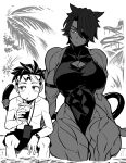  1boy 1girl absurdres animal_ears armband breasts cat_ears cat_girl cat_tail cup dark-skinned_female dark_skin desperado_(yotaro) disposable_cup drinking drinking_straw eyepatch greyscale highres holding holding_cup large_breasts looking_at_another mao_(yotaro) monochrome muscular muscular_female one-piece_swimsuit short_hair shorts sitting slit_pupils swimsuit tail tail_ornament tail_ring thick_thighs thighs water yotaro 