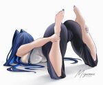  1girl absurdres alternate_costume ass barefoot black_pants blue_hair blue_nails breast_press breasts cameltoe colored_inner_hair commentary english_commentary facing_away hair_intakes hand_on_own_leg highres holding_own_leg hololive hololive_english large_breasts long_hair mizurane multicolored_hair ouro_kronii pants reverse_yogic_sleep_pose shirt signature simple_background solo top-down_bottom-up white_background white_shirt 