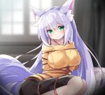  1girl animal_ears bangs bdsm blush bondage bound breasts eyebrows_visible_through_hair fox_ears fox_girl fox_tail green_eyes highres large_breasts long_hair looking_at_viewer off-shoulder_sweater off_shoulder original ryogo smile solo sweater tail tied_up_(nonsexual) white_hair 