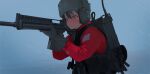  1girl absurdres aiming assault_rifle blush commentary english_commentary explosive gloves grenade grey_eyes grey_gloves grey_hair gun hat headphones highres holding holding_gun holding_weapon jacket long_sleeves looking_to_the_side original outdoors polilla radio rain red_jacket rifle short_hair solo upper_body weapon weapon_request 
