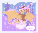 2026 3_fingers 3_toes ambiguous_gender anthro archmage_myst_(daxter131) bat bib blonde_hair blush blush_lines bodily_fluids border brown_body brown_fur brown_spots brown_tail bubblepuppers building claws clothed clothing dialogue diaper drooling electricity ellipsis english_text fangs feces feet finger_claws fingers flying full-length_portrait fur furgonomic_headwear furgonomics grey_claws grey_finger_claws grey_toe_claws hair hat head_turned headgear headwear hi_res hypnosis implied_transformation inner_ear_fluff leg_warmers legwear looking_back magic mammal markings mind_control multicolored_body multicolored_fur multicolored_tail offscreen_character open_mouth open_smile orange_body orange_fur orange_inner_ear_fluff orange_tail orange_wings pacifier pattern_clothing pattern_leg_warmers pattern_legwear pink_border pink_clothing pink_hat pink_headwear pink_leg_warmers pink_nose pink_pacifier pooping portrait red_inner_ear saliva smile soiled_diaper soiling soiling_diaper solo sparkles speech_bubble spiral spiral_eyes spots spotted_body spotted_fur striped_clothing striped_leg_warmers striped_legwear stripes tail teeth text three-quarter_view toe_claws toes tongue tongue_out tower tuft unclean_diaper used_diaper using_diaper wearing_diaper wetness_indicator winged_arms wings wizard_hat yellow_body yellow_fur yellow_tail