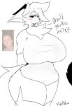 absurd_res anthro big_breasts bottomwear boy_kisser_(meme) breasts clothing dialogue female fur hi_res mature_anthro mature_female meme mommykisser_(xiryurikalo) shirt shorts smile solo thick_thighs topwear white_body white_fur xiryurikalo