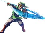  1boy absurdres arm_up armor belt blonde_hair blue_eyes blue_gem boots brown_boots brown_gloves chainmail clenched_teeth collared_shirt fingerless_gloves full_body gem gloves goddess_sword green_hat green_tunic grey_pants hand_up hat highres holding holding_shield holding_sword holding_weapon knee_boots layered_sleeves legs_apart link long_sleeves looking_at_viewer male_focus official_art pants serious shield shirt short_hair short_over_long_sleeves short_sleeves simple_background smear_frame solo standing sword takumi_wada teeth the_legend_of_zelda the_legend_of_zelda:_skyward_sword third-party_source transparent_background tunic undershirt v-shaped_eyebrows vambraces weapon 