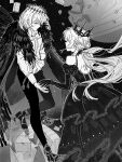  1boy 1girl alternate_costume black_dress black_gloves braid chinese_commentary cloak commentary_request crown dragonfly_wings dress fate/grand_order fate_(series) full_body fur_trim gloves hair_between_eyes hair_ornament half_up_braid highres insect_wings long_hair monochrome morgan_le_fay_(fate) oberon_(fate) oberon_(third_ascension)_(fate) ponytail short_hair smile standing very_long_hair wings yebeiming 