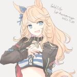  1girl animal_ears bikini bikini_top_only black_choker black_jacket blonde_hair blue_bikini blue_eyes blue_nails blue_ribbon breasts choker commentary_request gold_city_(authentic/1928)_(umamusume) gold_city_(umamusume) gold_necklace hair_ribbon horse_ears horse_girl horse_tail inutose jacket jewelry long_hair necklace open_clothes open_jacket open_mouth red_nails ribbon solo striped_bikini striped_clothes swimsuit tail umamusume 