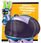 2026 absurd_res anthro artist_name big_breasts big_butt black_body blue_clothing blue_hat blue_headwear blue_leotard blue_tail border breasts butt clothing colored digital_media_(artwork) electronics empty_eyes english_text eyelashes female footwear fromariels green_eyes green_inner_ear hat headgear headphones headset headwear hi_res huge_butt huge_thighs hyper hyper_butt lagomorph leotard leporid looking_at_viewer looking_back looking_back_at_viewer machine mammal orange_background project_turboblast rabbit robot robot_anthro scut_tail shaded shoes short_tail simple_background smile smiling_at_viewer solo tail tempo_(project_turboblast) text thick_thighs white_border white_clothing white_ears white_footwear white_headset white_shoes