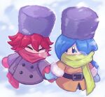  2girls belt belt_buckle black_belt blue_background blue_eyeliner blue_eyes blue_mittens blush breath brown_coat buckle buttons chiimako closed_eyes coat cold commentary_request covered_mouth double-breasted duplicate eyeliner flamberge_(kirby) francisca_(kirby) fur-trimmed_sleeves fur_hat fur_trim green_scarf grey_coat grey_hat hair_between_eyes hat holding_hands kirby_(series) kirby_star_allies long_hair long_sleeves looking_at_another looking_to_the_side makeup mittens multiple_girls red_eyeliner red_hair red_mittens red_scarf scarf scarf_over_mouth short_hair simple_background snowing 