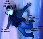 2014 anthro black_hair black_nose canid canine clothed clothing dipstick_ears dipstick_tail english_text facial_hair falling fluffy fluffy_tail fox fredryk_phox fredryk_phox_(character) fully_clothed fur grey_highlights hair heterochromia highlights_(coloring) male mammal markings multicolored_body multicolored_ears multicolored_fur multicolored_hair open_mouth pink_inner_ear solo tail_markings text 