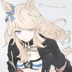  1girl animal_ears bikini bikini_top_only black_choker black_jacket blonde_hair blue_bikini blue_eyes blue_ribbon choker closed_mouth commentary_request gold_city_(authentic/1928)_(umamusume) gold_city_(umamusume) gold_necklace hair_ribbon highres horse_ears horse_girl inutose jacket jewelry long_hair looking_at_viewer necklace open_clothes open_jacket ribbon solo striped_bikini striped_clothes swimsuit umamusume 