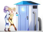  2girls blonde_hair commission faucet fire_emblem fire_emblem:_the_binding_blade fire_emblem_awakening florina_(fire_emblem) grey_eyes high_heels highres jarckius lissa_(fire_emblem) multiple_girls outhouse purple_hair second-party_source skin_tight speech_bubble thought_bubble twintails zero_suit 