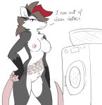  2021 anthro appliance areola artbyyellowdog bent_arm breasts brown_hair cleft_of_venus didelphid english_text female fur genitals grey_body grey_fur hair hi_res looking_at_viewer mammal marsupial multicolored_body multicolored_fur multicolored_hair nipples nude pink_areola pussy red_hair simple_background solo standing text tiff_(capaoculta) two_tone_body two_tone_fur two_tone_hair washing_machine white_background white_body white_fur 
