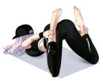  1girl absurdres aqua_nails armpit_crease ass barefoot baseball_cap black_hat black_pants black_sports_bra breast_press breasts commentary feet from_behind grabbing_own_ankles hat highres hololive hololive_indonesia large_breasts long_hair nail_polish official_alternate_costume pants pavolia_reine pavolia_reine_(6th_costume) purple_hair purple_nails reverse_yogic_sleep_pose revision rizu_pann simple_background solo sports_bra sportswear toenail_polish toenails toes top-down_bottom-up virtual_youtuber white_background wristband yoga_pants 