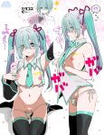  1boy absurdres aqua_eyes aqua_hair aqua_necktie arm_up armpits bare_shoulders bikini black_thighhighs blush commentary_request cosplay detached_sleeves flaccid flying_sweatdrops hatsune_miku hatsune_miku_(cosplay) highres long_hair looking_at_viewer multiple_views nagano_rira navel necktie nipples original penis seiza sitting sleeveless striped_bikini striped_clothes swimsuit testicles thighhighs translation_request trap twintails uncensored vocaloid 