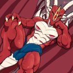 abs animal_humanoid anthro bandai_namco biceps biped bodily_fluids bottomwear bulge claws clothed clothing digimon digimon_(species) digital_media_(artwork) digitigrade dragon examon genital_outline genitals green_eyes grey_body grey_scales hi_res horn horn_jewelry humanoid jewelry loincloth loincloth_only looking_at_viewer lying male membrane_(anatomy) membranous_wings mostly_nude mostly_nude_anthro multicolored_body muscular muscular_anthro muscular_male mythological_creature mythological_scalie mythology narrowed_eyes nude nude_anthro nude_male on_back on_side pecs red_body scales scalie scalie_humanoid shirtless shirtless_male solo solo_focus spikes spread_legs spread_wings spreading tail teeth teeth_showing toothy_grin topless two_tone_body voltek watermark wings