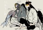  2boys absurdres bakushi_(smys2017) bird_boy bird_wings black_wings colored_sclera commentary_request feathered_wings full_body green_sclera grey_wings highres indian_style japanese_clothes kimono looking_to_the_side male_focus multiple_boys red_sclera simple_background sitting translation_request tsuyaza_no_tengu wings yellow_background yellow_eyes 