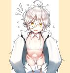  1girl :d actinium89 ahoge bikini cameltoe colored_eyelashes commentary_request flat_chest from_above hair_between_eyes harpy highres looking_at_viewer maid maid_headdress micro_bikini monster_girl navel notice_lines original ribs short_hair shrug_(clothing) skinny smile solo swimsuit white_bikini white_hair winged_arms wings yellow_eyes 