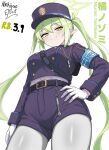  1girl absurdres armband artist_name belt blue_archive blue_armband breasts buttons character_name commentary_request double-breasted foreshortening from_below gloves green_hair green_halo halo hand_on_own_hip hat highres looking_at_viewer looking_down nichijao nozomi_(blue_archive) pantyhose peaked_cap pointy_ears signature solo thighs train_conductor twintails whistle white_gloves white_pantyhose yellow_eyes 