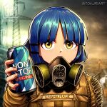  1girl blue_hair blush bocchi_the_rock! gas_mask highres looking_at_viewer mask mole mole_under_eye short_hair stalker_(game) tokuriart yamada_ryo yellow_eyes 