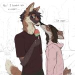 anthro black_nose boop bottomwear brown_body brown_fur canid canine clothing comic comic_panel date deer dessert digital_media_(artwork) drunkmagpie duo eyebrows eyes_closed female food fruit fur grass hi_res hoodie ice_cream love male male/female mammal maned_wolf melting multicolored_body nose_boop nose_to_nose pants park piercing pink_clothing pink_hoodie pink_topwear plant red_clothing red_eyes red_shirt red_t-shirt red_topwear romantic romantic_couple scut_tail shirt short_tail shy sketch smile strawberry surprise_kiss t-shirt tail topwear tree walking