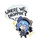  1girl :d artist_name beret black_gloves blue_hair chibi commentary crankie crown earrings english_commentary english_text fortnite full_body gloves grey_hat hair_between_eyes hand_up hat highres hololive hoshimachi_suisei hoshimachi_suisei_(1st_costume) jewelry long_hair mini_crown open_mouth side_ponytail simple_background smile solid_circle_eyes solo sparkle speech_bubble standing virtual_youtuber white_background 