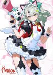  1girl animal_ears animal_hair_ornament artist_name backpack bag bell black_dress black_garter_straps blush bow bowtie cat_ears closed_mouth commentary_request dot_nose dress fake_animal_ears frilled_wrist_cuffs frills garter_straps ghost_hair_ornament green_eyes hair_ornament hand_up heart heart_hair_ornament highres holding holding_megaphone long_hair looking_at_viewer megaphone multicolored_eyes neck_bell official_alternate_costume randoseru red_bag red_bow red_bowtie short_sleeves solo standing sunna_(afternoon_tea_break)_(zenless_zone_zero) sunna_(zenless_zone_zero) thighhighs white_thighhighs white_wings white_wrist_cuffs wings wrist_cuffs yellow_eyes zenless_zone_zero zolapunch 