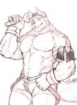 5_fingers anthro areola arm_tuft armband belly_tuft biceps big_tail biped bottomwear button_(fastener) canid canine canis cheek_tuft chest_tuft clothing deltoids digital_media_(artwork) echo_(game) echo_(series) echo_project elbow_tuft english_text facial_tuft fangs fingers fluffy fluffy_tail forearm_muscles gloves guide_lines handwear hat headgear headwear hi_res holding_object holding_tool holding_wrench humanoid_hands leo_alvarez looking_at_viewer male mammal monochrome muscular muscular_anthro muscular_arms muscular_male navel neck_tuft nipples open_mouth open_smile pecs pointy_ears portrait prick_ears purtropos raised_arm shorts simple_background sketch smile snout solo standing straps tail teeth text text_on_clothing text_on_hat text_on_headwear three-quarter_portrait three-quarter_view tongue_showing tools triceps tuft wearing_gloves wearing_hat white_background wolf wrench