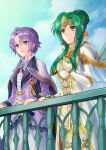  2girls akuru_(akr369akr) breasts brown_eyes commentary_request commission crossover earrings eiyuu_densetsu elincia_ridell_crimea elincia_ridell_crimea_(undaunted_queen) fire_emblem fire_emblem:_radiant_dawn green_hair hand_on_own_chest jewelry kloe_rinz long_hair multiple_girls outdoors purple_eyes purple_hair sen_no_kiseki_(series) sen_no_kiseki_iv sheath sheathed short_hair skeb_commission sky small_breasts sword weapon 