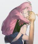  2girls ahoge arms_around_neck black_shirt black_skirt black_vest blonde_hair blush bocchi_the_rock! bow bowtie carrying carrying_person child_carry chinese_commentary closed_eyes commentary_request couple cube_hair_ornament detached_ahoge from_side gotoh_hitori gungunpupushui hair_ornament ijichi_nijika jacket kiss lifting_person long_hair long_sleeves multiple_girls one_side_up open_clothes open_jacket pink_hair pink_jacket red_bow red_bowtie school_uniform shimokitazawa_high_school_uniform shirt short_sleeves side_ponytail simple_background skirt socks track_jacket vest white_background white_shirt yuri 