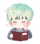  1boy ? aqua_hair blush book chibi collared_shirt hashtag-only_commentary headband holding holding_book hoshi_(seventeen) jacket kei_(momojellyfish) male_focus seventeen_(group) shirt short_hair simple_background solo sparkle striped_clothes striped_jacket vertical-striped_clothes vertical-striped_jacket white_background white_shirt 