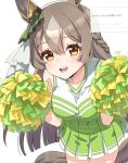  1girl absurdres animal_ears bare_shoulders blush braid breasts brown_eyes brown_hair cheerleader collarbone double-parted_bangs ear_ornament genkai_made_pom_pon!! green_shirt green_skirt hair_between_eyes half_up_braid highres holding holding_pom_poms horse_ears horse_girl horse_tail kazoku_chicken large_breasts leaning_forward long_hair looking_at_viewer multicolored_hair open_mouth pom_pom_(cheerleading) satono_diamond_(umamusume) shirt skirt sleeveless sleeveless_shirt smile solo streaked_hair tail teeth umamusume upper_teeth_only very_long_hair white_shirt 