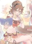 2girls book bracelet breasts brown_hair cat cleavage commentary_request conupuni_nuno cup dancer earrings eyelashes green_eyes h'aanit_(octopath_traveler) high_ponytail holding holding_book holding_plate hoop_earrings jewelry large_breasts mole mole_under_mouth multiple_bracelets multiple_girls navel octopath_traveler octopath_traveler_i pink_lips plate ponytail primrose_azelhart sitting smile solo_focus steam table tea teacup watermark 